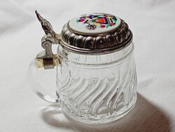 Söröskorsó miniatűr üveg BMF N - fém fedeles porcelán kép díszítésel - retro emlék dísztárgy 6cm