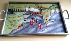 Vintage, Japán, fordított üvegfestéssel készült tálca, 1940-50-es évek