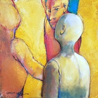 Kovács Tamás Vilmos - Találkozás 40 x 40 cm olaj, farost faragás 2018