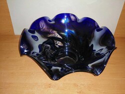 Irizáló, fodros szélű kék üveg kínáló tál, asztalközép - átm. 24 cm