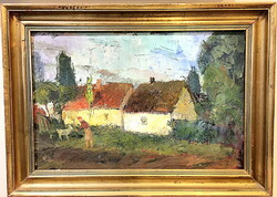 Udvardi Gyula (1925 - 2016) :Falusi udvar,1960,festmény 40 x 60 cm ,olaj-vászon