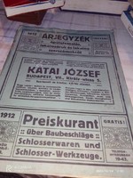 Árjegyzék 1912-ből.Épületvasalás,lakatosáruk és lakatos szerszámokról.