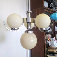 Art deco - Bauhaus 3 karos, 4 égős nikkelezett csillár felújítva - krémszínű gömb búrák