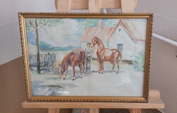 (FBL5) Tanyarészlet lovakkal festmény 31x44 cm kerettel