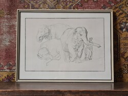 Rembrandt: elefántok tanulmányrajz,  kézzel rajzolt másolat, autentikus képkeretben