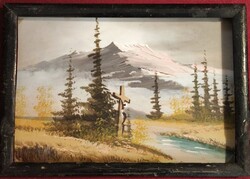 Felvidéki festő ( Mednyányszky ? ) Útszéli  kereszt. Eredeti keretével. Mérete: 16x23 cm.