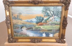 Romantikus tájkép festmény 46x33 cm kerettel