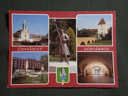 Képeslap,Sárvár,mozaik,Nádasdy-várkastély szobor,Thermal hotel,templom látkép,részlet, 1988-
