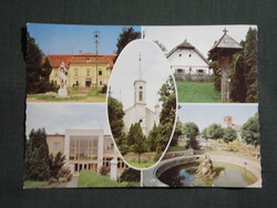 Képeslap,Sellye,mozaik,Draskovich kastély,tanácsháza,templom,iskola,harangláb látkép,részlet, 1982-