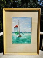 BALATONI VITORLÁSOK, AKVARELL, 62x84 cm