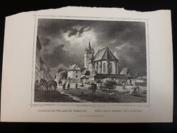 Szászsebes főpiac és templom - Hunfalvy - Rohbock acélmetszet, reprint, Erdély, Románia