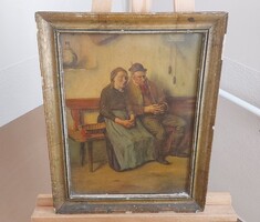 Idős pár antik festmény 37x47 cm kerettel