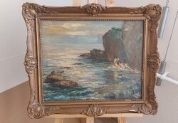 Fürdőző aktok festmény 62x52 cm kerettel