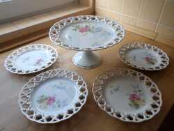 Antik szecessziós Austria áttört porcelán talpas kínáló 4 kistányérral