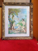 Az első bűn.  Ádám és Éva. Aranyozott keretben.