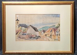 Gallé Tibor akvarell keretben, 1930-as évek - utcakép templomtoronnyal