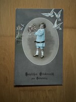 Antik színezett képeslap - Jókívánság, gyerek, galambok