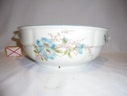 Antik, vastag falú, kék virágos, gyöngyözött porcelán tál, falitál, komatál