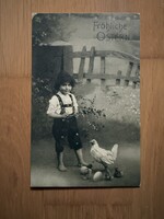 Antik képeslap - Húsvét, gyerek, csibe, tojások