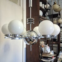 Art deco - Streamline 6 karos, nagy méretű krómozott csillár felújítva - tejüveg gömb búrák