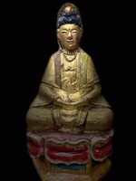 Antik Kuan Yin fa faragott aranyfestésű szobor, keleti, ázsiai, japán
