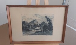 Csurgói Máté Lajos Tihanyi házak rézkarc 60x41 cm kerettel