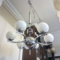 Art deco - Streamline 6 karos, nagy méretű krómozott csillár felújítva - tejüveg gömb búrák