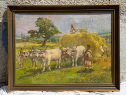 Eredeti szignózott Cserna Károly “Aratók” falusi életkép olajvászon 60x80 cm + keret  ( 68x88 cm)