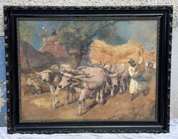Eredeti szignózott Cserna Károly “Ökrös szekerek” falusi életkép 58x78 cm + keret  ( 70x90 cm)