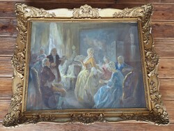 Péczely Antal barokk társaság, bál, ötórai tea, festmény, 60 x 75 cm