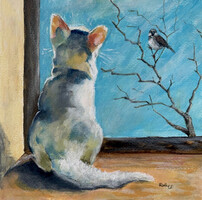 Barátkozás harmadik emelet magasságában - akrilfestmény - 25 x 25  cm