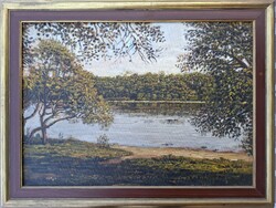 Szabó Lajos festmény eladó. Címe: Vízpart ősszel. Méret: 68×48.