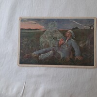 Antik első világháborús színes képes levelezőlap bélyeggel, postabélyeggel 1915.