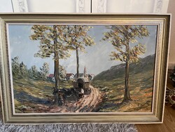 Régi nagy olaj festmény fa keretben teljes méret 90*61 cm Lovas szekér faluval.