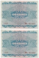 2 x 100 korona kronen 1922 Ausztria Sorszámkövető pár UNC 2.