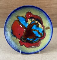 KÉK SZÉLŰ, SZÍNES ABSZTRAKT MINTÁS RETRO KERÁMIA FALITÁNYÉR 25 CM