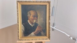 Szignózott pipázó idős ffi festmény 50x60 cm kerettel