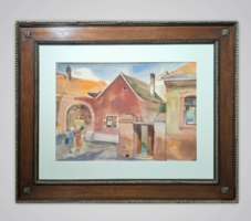 Exkluzív keretben! Soproni utca - Endrédy György (1910-1988) képcsarnokos akvarell, 1970-es évek
