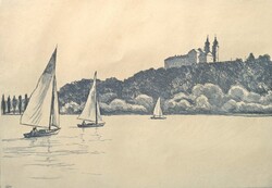 Zádor István: Tihany (aláírt rézkarc) Vitorlások a Balatonon, háttérben a Tihanyi Apátsággal