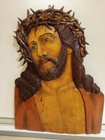 Régi, fából készült Jézus Krisztus Pantokrátor dombormű (42x31 cm).5 cm)