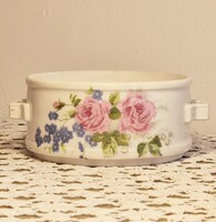 Régi ételhordó- tál, rózsás- nefelejcses- porcelán- népi