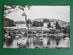 Képeslap Svájc 1957. Spiez, kastély, reklámbélyegzéssel