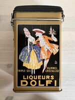 Dolfi jelenetes csatos likőrös szögletes fém doboz újszerű  "barokk udvarlás" vintage grafikával