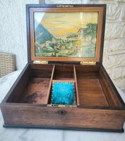 Antik Biedermeier Fa doboz intarziàs Varró doboz. Antik Képpel a belső részében