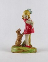 1V261 Kislány cicával és kiskutyával - régi festett gipsz figura 14.6 cm