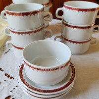 6 db Alföldi porcelán két füles leveses csésze, 3 db alátét 1 db cukortartó