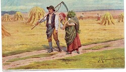 Képeslap:  Emberek. Aratók.