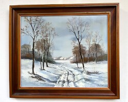 Reinhardt István (1936 - ) Havas út a faluba KERETEZVE 62x72 cm