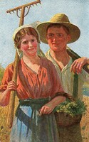 Képeslap:  Emberek. Aratók.