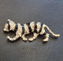 Vintage kristályokkal és zománccal díszített aranyozott tigris bross kitűző